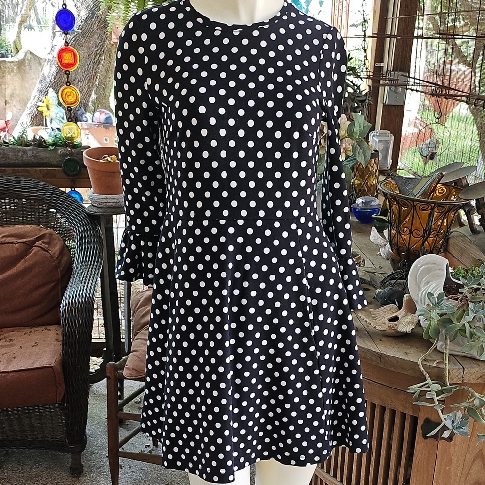 Kate Spade Lia Dot Ponte Dress Black White Polka Dot Flounce Sleeves Size S